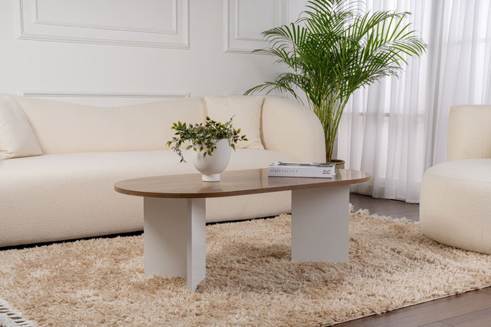 Nordure Mesa de Centro Sable Walnut, White. Mesa de Salón Elegante con Tablero de Partículas Recubierto de Melamina de 18mm en Color Nogal y Blanco.